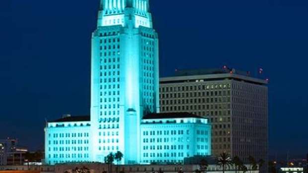 City Hall lit up teal for cancer awareness